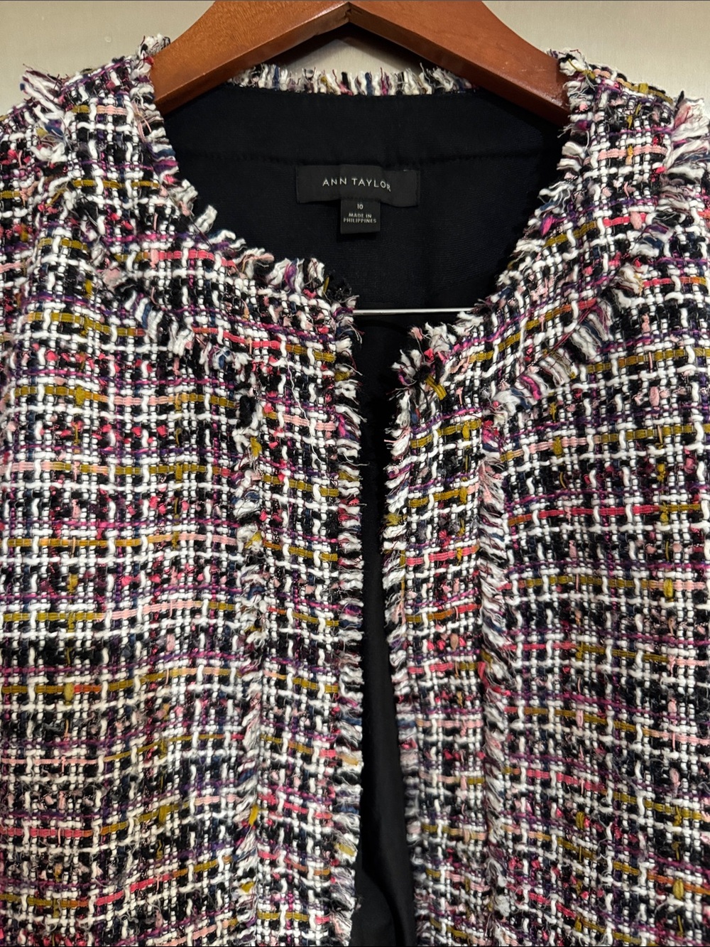 Ann Taylor Multicolor Tweed Fringe Jacket Size 10 - Picture 3 of 6
